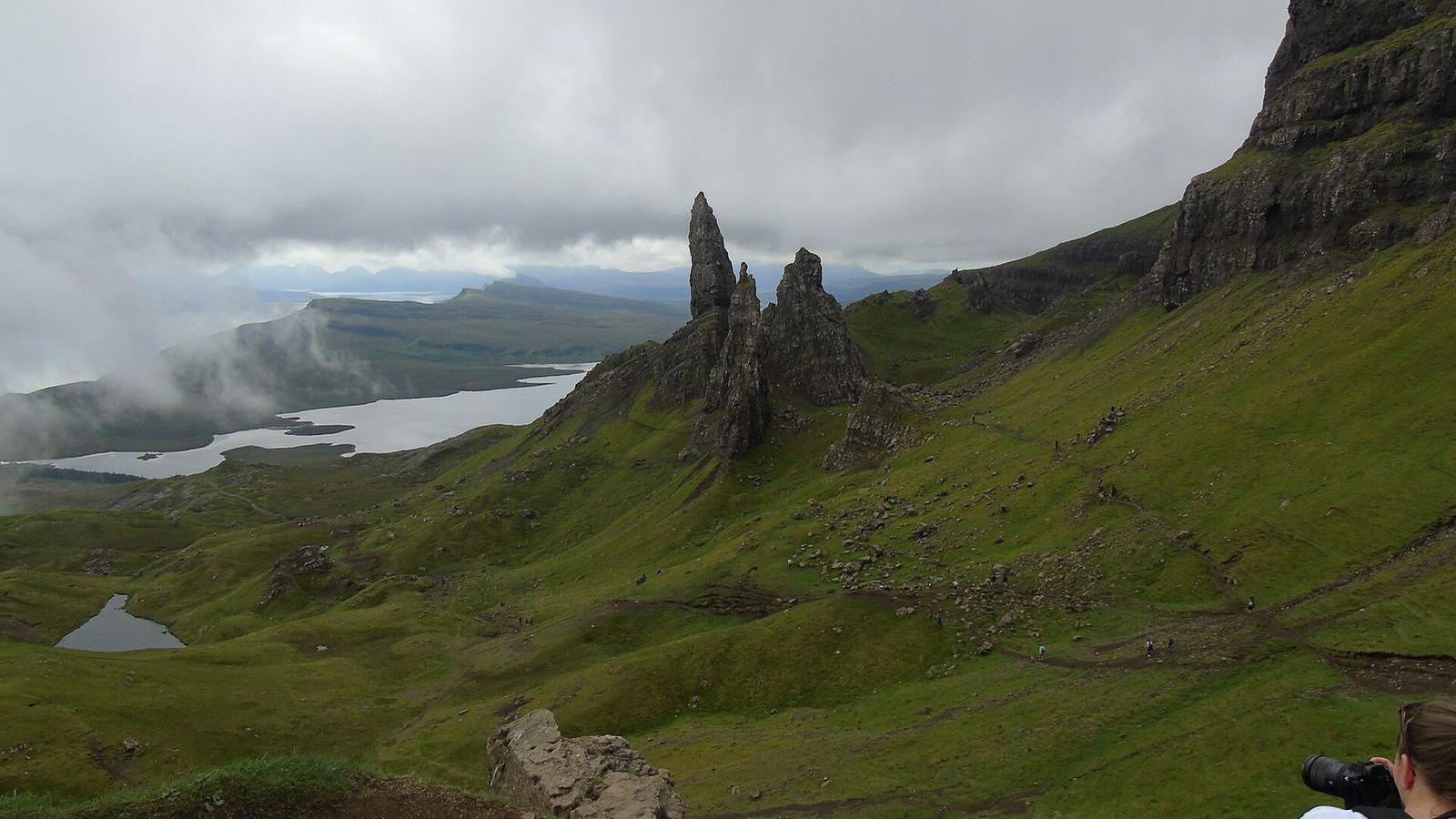 The Old Man of Storr rock pinnacle rising above the Trotternish ridge on the Isle of Skye